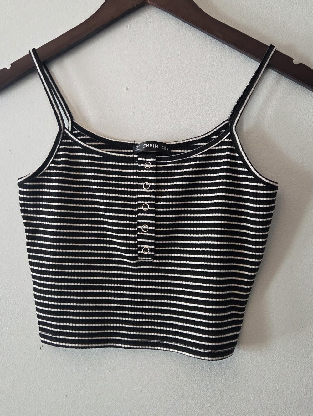 SHEIN Women's Black/White Striped Ribbed Knit Button Front Crop Tank Top M